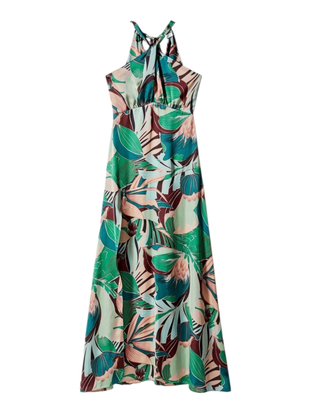 NWT- Mango Green and Teal Tropical Halter Maxi Dress - Picture 2 of 13
